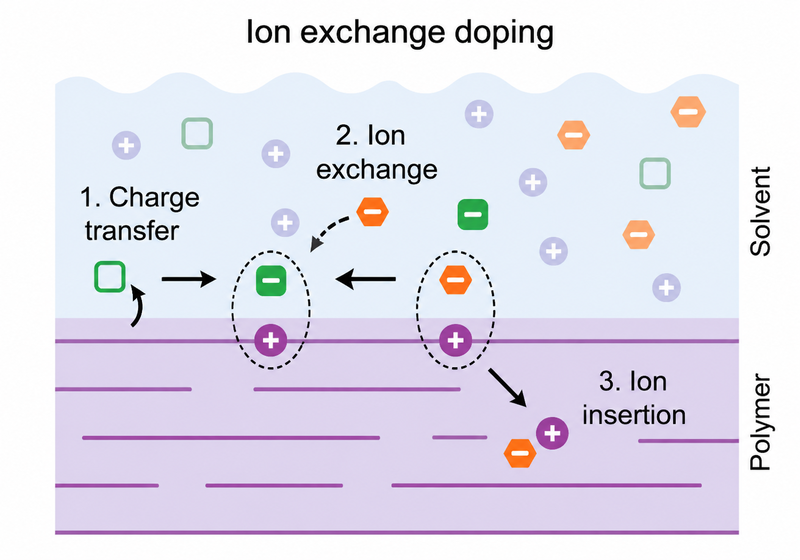 Illustration of our research into ion-exchange doping of conducting polymers to control carrier density and improve charge transport.